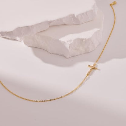 Poxtex Cross Necklace for Women Teen Girls, Dainty 14K Gold Silver Plated Cross Choker Jewelry Non Tarnish Waterproof Cute Simple Small Necklace Christian Baptism Religious Faith Jewelry Gifts - color: 05 Sideway Cross Necklace- CZS