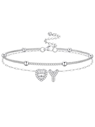 Bestyle Initial Anklet Bracelets for Women Waterproof Non Tarnish 14K Gold/White Gold Plated CZ Anklets for Women Dainty Layered Letter Heart Ankle Bracelets Adjustable Foot Chain Anklet - color: Y
