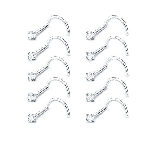 20G Nose Rings for Women, L Shaped Nostril Piercing Studs | 316L Stainless Steel, 0.8 mm×7 mm, 2 mm CZ or 3-4 mm Heart, Star, Moon and Cross, Gold-Tone or Silver-tone, Daily Wear - style: Moonlight Silver