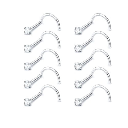 20G Nose Rings for Women, L Shaped Nostril Piercing Studs | 316L Stainless Steel, 0.8 mm×7 mm, 2 mm CZ or 3-4 mm Heart, Star, Moon and Cross, Gold-Tone or Silver-tone, Daily Wear - style: Moonlight Silver