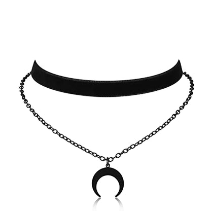Gothic Layered Necklace, Black Velvet Choker with Dark Pendant | Soft Velvet Choker, Black Pendant, Layered Chain, Dark Academia Aesthetic, Alt Fashin Jewelry, Goth Gift for Women - style: Black Sailor Moon