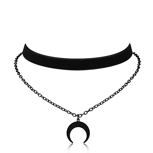 Gothic Layered Necklace, Black Velvet Choker with Dark Pendant | Soft Velvet Choker, Black Pendant, Layered Chain, Dark Academia Aesthetic, Alt Fashin Jewelry, Goth Gift for Women - style: Black Sailor Moon