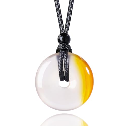 FANASY Natural Gemstone Pendant Necklce Lucky Coin Crystal Necklace Protection Donut Pendnat with Adjustable Rope for Men Women - color: Chalcedony