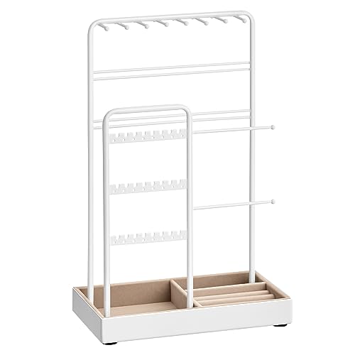 SONGMICS Necklace Holder, Jewelry Stand Holder Organizer, Jewelry Display with Metal Frame, Velvet Tray, Earring Bracelet Holder, for Gift Idea, 4.5 x 7.7 x 12.1 inch, Matte White UJJS021W01 - color: Matte White, size: 4.5"D x 7.7"W x 12.1"H