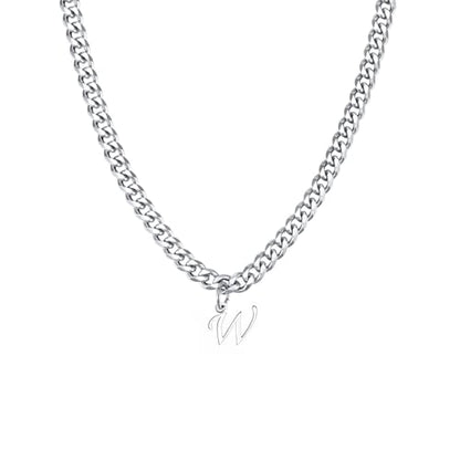 Stainless Steel Initial A-Z Necklace for Men Women,Cuban Chain,Titanium Steel Initial Letter Pendant Charm Necklaces Accessories Jewelry for Woman Man,21 Inch Chain - color: W