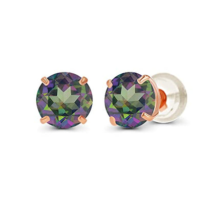 Solid 14K Yellow or White or Rose Gold 6mm Round Genuine Birthstone Gemstone Prong Set Stud Earrings For Women - color: Mystic Green Topaz