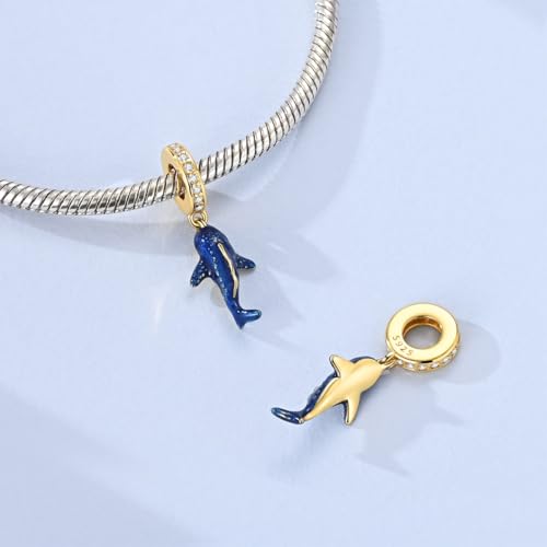 Hapour 925 Sterling Silver Charms for Bracelet Necklace Dangle Pendant Bead | Whale Shark Charm, Glow in the Dark, Matryoshka Russian Doll Baking European Jewelry Charm, 14k Gold Plated - style: Golden Blue Glowing Whale Shark