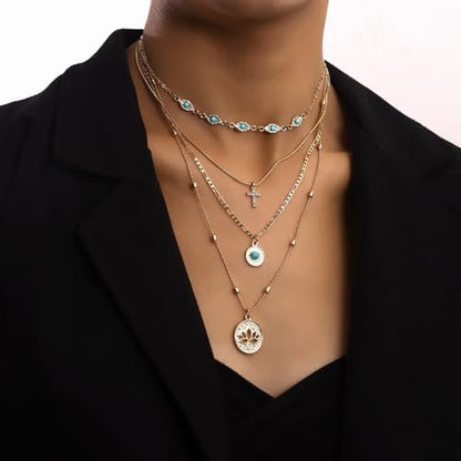 Gold Layered Necklace for Women Summer Boho Layered Stacked Pendant Necklace Country Concert Necklace Turquoise Coin Long Necklace - color: B