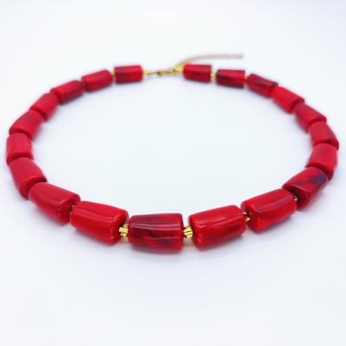Red Beaded Necklace for Women Chunky Beaded Necklace Adjustable Acrylic Bead Choker Necklaces Big Statement Necklaces Jewelry Accessories - color: 17MMCylindricalBead