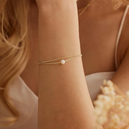 SLOONG 14K Gold Plated Pearl Bracelets for Women Trendy | Dainty Stackable Layered Chain Bridesmaid Bracelets, Waterproof Wedding Jewelry for Women Adjustable 6"+2" - color: Style1(Pearl)