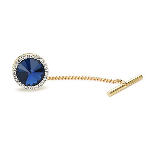 Men's Classic Round Crystal Men's Tie Tack Gold Color Tie Tack Clutch Back Fashion Necktie Tack Pin with Chain Crystal Lapel Pins Brooch - color: Royal Tie Tack