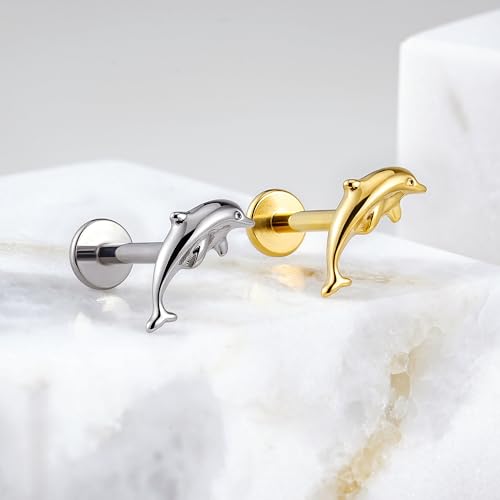 FINE4U 1PC 16G ASTM F136 Titanium Octopuses Piercings Jewelry with 6mm 8mm Post for Conch Helix Flat Labret 16G 6mm 8mm - color: Dolphins - Tit