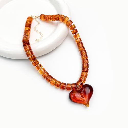 Chunky Heart Necklaces for Women Colorful Resin Beaded Necklaces for Women Gold Puffy Heart Statement Necklace Trendy Acrylic Choker Jewelry Gift - color: Brown