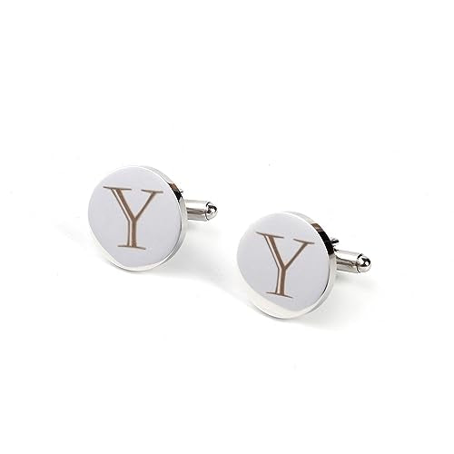 Mens Initial Silver Cufflinks A-Z Alphabet Letter Steel Cuff Links with Engraved Walnut Wood Box Groom Groomsman Wedding Set… - style: Y