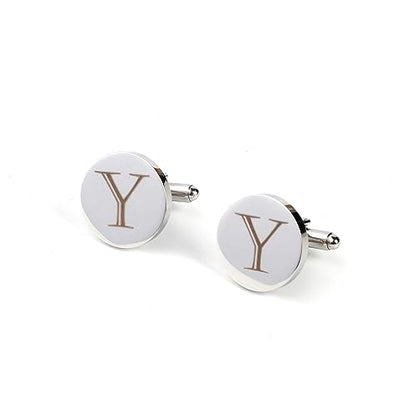 Mens Initial Silver Cufflinks A-Z Alphabet Letter Steel Cuff Links with Engraved Walnut Wood Box Groom Groomsman Wedding Set… - style: Y
