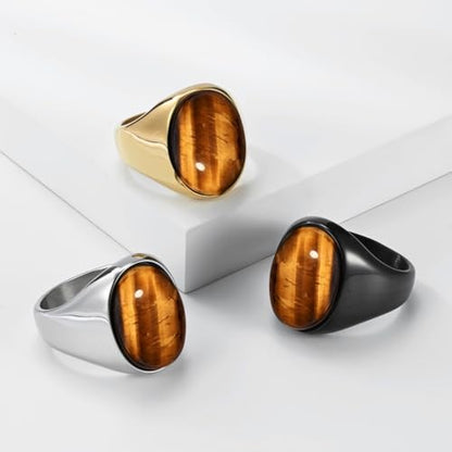 PAURO Men's Stainless Steel Oval Gemstone Signet Rings Minimalist Polish Plain Wedding Band - color: Gold Plated Brown