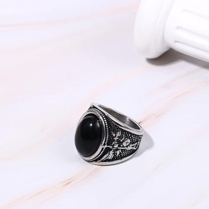 OIDEA Signet Rings for Men: St Michael The Great Protector Archangel Defeating Satan Figurine Amulet Ring Biker Rings - color: Black Tiger Eye