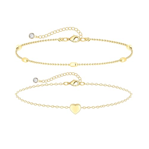 Dainty Simple Chain Anklet for Women 18k Gold/Silver Plated Summer Beach Beaded Evil Eye Moon Figaro Butterfly Satellite Cuban Pearl Flat Marina Anklet Gift - color: Heart Bead- Gold