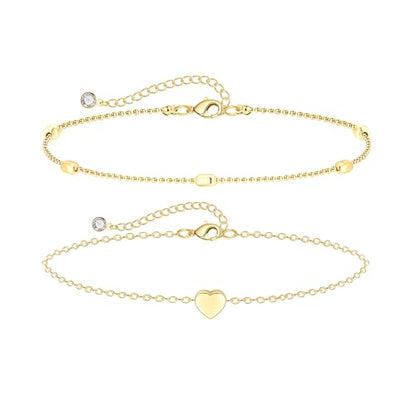 Dainty Simple Chain Anklet for Women 18k Gold/Silver Plated Summer Beach Beaded Evil Eye Moon Figaro Butterfly Satellite Cuban Pearl Flat Marina Anklet Gift - color: Heart Bead- Gold