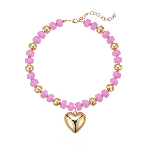 Resin Chunky Colorful Beaded Necklace | Adjustable Boho Statement Necklace,Summer Beach Party Jewelry - color: Heart-Pinkish-purple