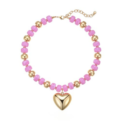 Resin Chunky Colorful Beaded Necklace | Adjustable Boho Statement Necklace,Summer Beach Party Jewelry - color: Heart-Pinkish-purple