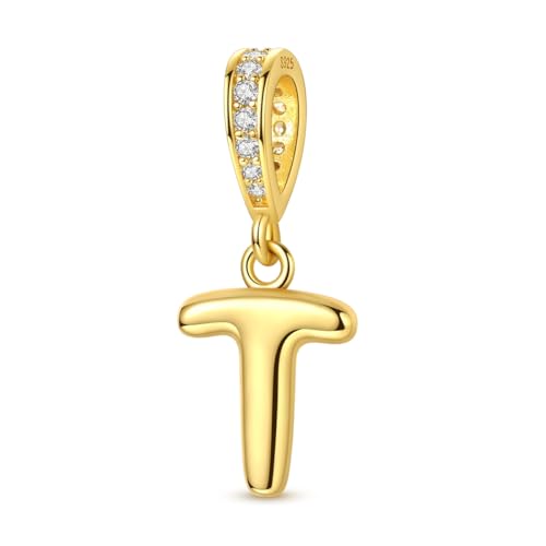 Hapour Gold Initial Letter Charms 925 Sterling Silver Alphabet Beads | 14K Gold Plated, A-Z Letter Charms, For Bracelets Necklace, Cubic Zirconia, DIY Dangle Pendant Beads, For Women Mom - color: Golden initial letter T