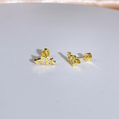 Crystal Leaf Cartilage Tiny Stud Earrings Stainless Steel Cubic Zirconia Leaves Flower Screw Flat Back Tragus Helix Studs Earring for Women Girls Men Dainty Jewelry Gifts 18G - color: Gold