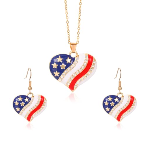 HUJUON American Flag Pendant Necklace Earring Set for Women 4th Of July Butterfly Drop Dangle Hook Earring Independence Day Usa Patriotic Choker Jewelry Gift - color: Heart Gold