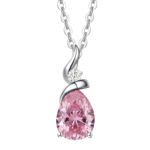 FANCIME 14K Solid White Gold Birthstone Pendant Necklace for Women with Diamond Pear Shaped Teardrop Necklace Birthday Gifts for Mom Women,Sterling Silver Chain 16" + 2" Extender - color: 10-Pink tourmaline