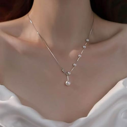Vintage Pearl Y Lariat Necklace Minimal Pearl Pendent Necklace Silver Snake Chain Necklaces Long Pearls Drop Necklaces Round Beads Choker Wedding Bridal Jewelry for Women