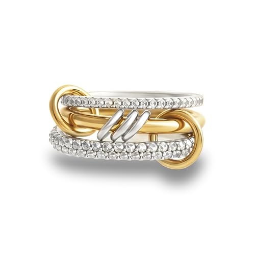 BKC Gold Stackable Rings for Women, 14k Gold Plated Chunky Statement Cubic Zirconia Rings, Silver Gold Multi Ring Interlocking Mixed Metals Stack Rings Set Non Tarnish - color: Harmony set, size: 7