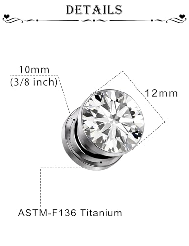 Astm F136 Titanium CZ Ear Gauges Screw Fit Flesh Tunnels Plugs Gauges Earring Expander Stretcher Ear Tunnels For Ears 10G 8G 6G 4G 2G 0G 00G Plug Earrings Body Piercing Jewelry For Women Men - color: 00G Gauges