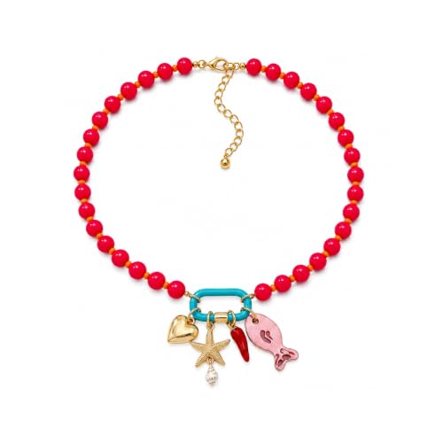 LIU JUN Colorful Beaded Necklace for Women, Chunky Boho Fish Starfish Conch Pendant Acrylic Bead Necklaces Cute Y2K Summer Beach Jewelry Gifts - color: Red