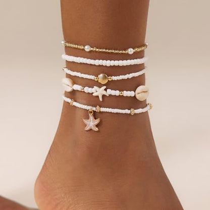 Cicy Bell Boho Ankle Bracelets Set for Women Beach Jewelry Bead Anklets | Hawaiian Shell Starfish Charm,Adjustable,Waterproof Non Tarnish,Summer Vacation Foot Jewelry - color: Gold