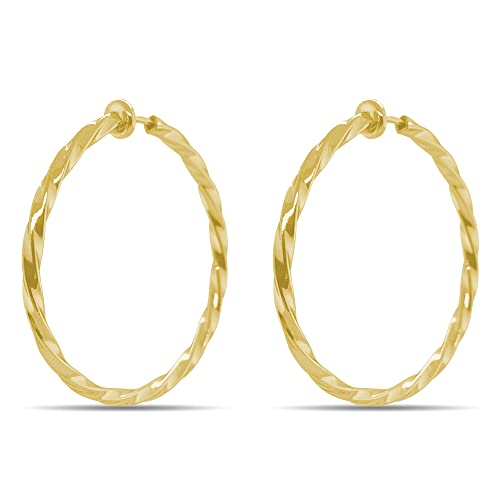 Clip On Spring Hoop Earrings for Non-Pierced Ears - color: Gold-Tone Twisted, size: 40mm