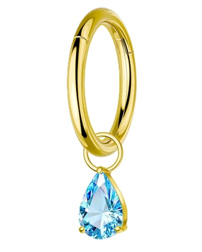 COCHARM Titanium Clicker Hoop Belly Button Ring, 8mm 14G Teardrop Belly Navel Ring, Dangling Hoop Belly Piercing Jewelry Nickel Free - color: Gold-Blue CZ