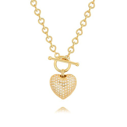 18k Gold Plated Chain Link Necklace for Women, Baroque Pearl/Compass Pendant Necklace - color: CZ Heart