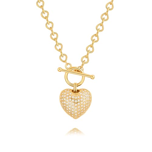 18k Gold Plated Chain Link Necklace for Women, Baroque Pearl/Compass Pendant Necklace - color: CZ Heart