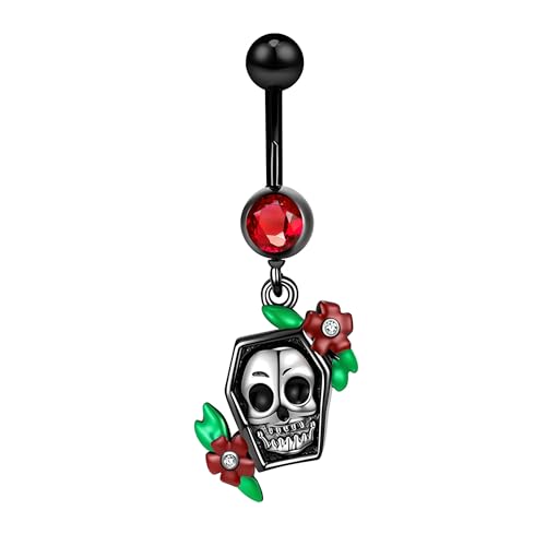 14G Surgical Stainless Steel Dangle Belly Button Rings for Women Belly Ring Dangling Piercing Jewelry CZ Snake lizard Skull Spider bat Halloween Party Punk Rock - style: Rose Skeleton