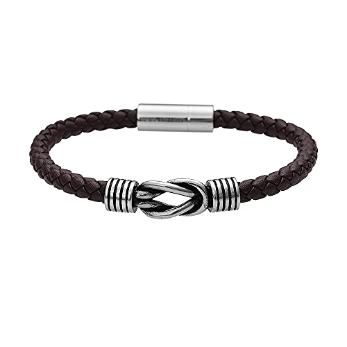 Geoffrey Beene Men's Braided Genuine Leather Knot Bracelet with Stainless Steel Closure - color: Brown
