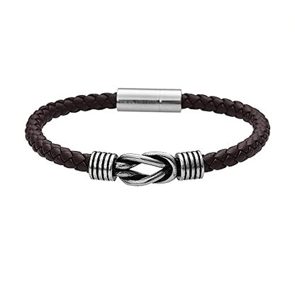 Geoffrey Beene Men's Braided Genuine Leather Knot Bracelet with Stainless Steel Closure - color: Brown