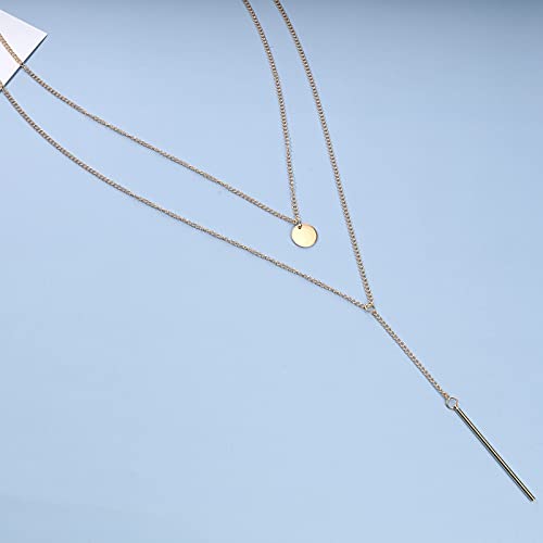 Bohemia Layered Bar Coin Necklace Gold Vertical Bar Y Lariat Necklace Long Disc Pendant Necklace Chain Circle Necklace Jewelry for Women