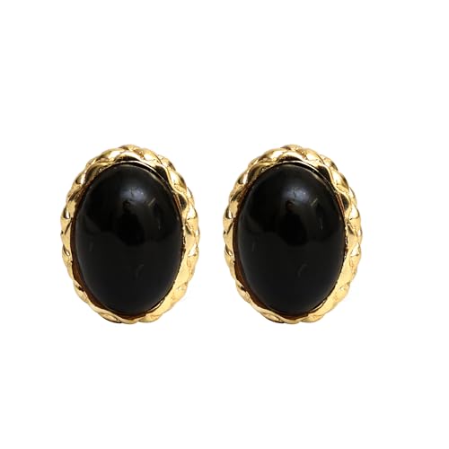 Gempires Bold Oval Gemstone Stud Earrings for Women – Natural Healing Stone Jewelry 14K Gold-Plated Hypoallergenic Tarnish-Resistant – Bold Statement Studs Gift for Her - style: Black Onyx