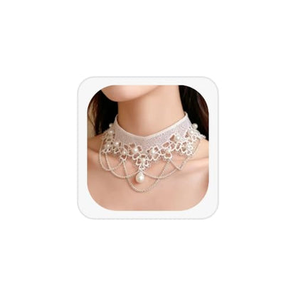 Lace Choker Necklace for Women Gothic Pearl Pendant Necklace Halloween Cosplay Jewelry - color: White