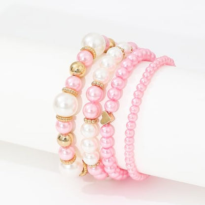 Pearl Bracelets for Women Simulated Pearl Beaded Bracelet White Pearls Stackable Stretch Bracelet Set Multilayered Elastic Pearls Bracelets for Women Bridesmaid Bridal Jewelry - color: pink