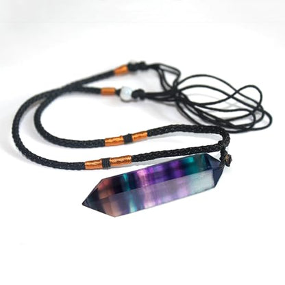 Runyangshi Rainbow Fluorite Healing Crystal Pendants, Double Pointed Natural Crystal Quartz Necklace 6 Faceted Chakra Crystal Wand Stone - color: Rainbow Fluorite