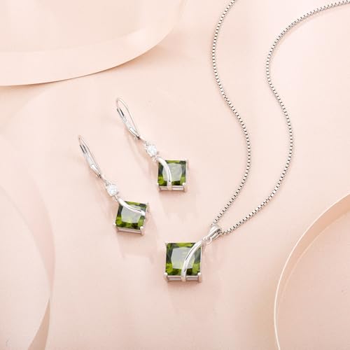 Square Princess Cut Necklace 925 Sterling Silver Solitaire Pendant Necklace Birthstone Jewelry Gifts for Women - color: 08 August - Peridot