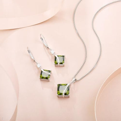 Square Princess Cut Necklace 925 Sterling Silver Solitaire Pendant Necklace Birthstone Jewelry Gifts for Women - color: 08 August - Peridot