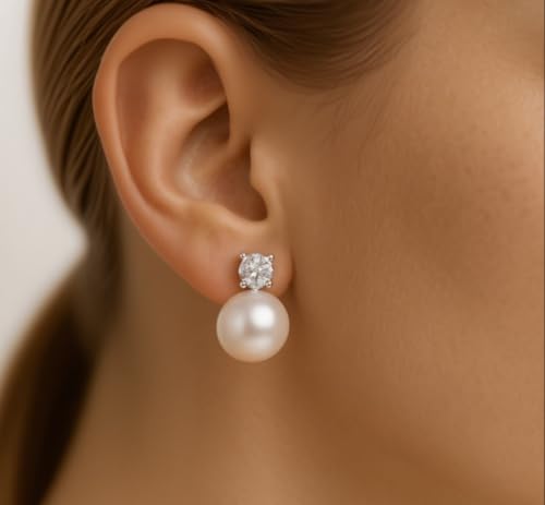 Pearl Clip on Earrings for Women - 14K Gold Silver Plated Cubic Zirconia Non Pierced Ear Clips Jewelry Gifts for Wedding Bridal Party Gifts - color: Silver-10mm