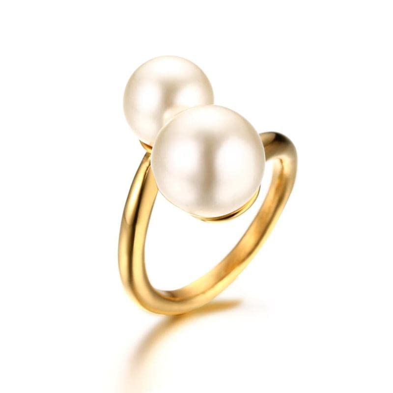 Hisatan Double Simulated Pearl Wrap Ring: gold plated Stainless Steel Large Statement Ring for Women - color: Gold-Size 6